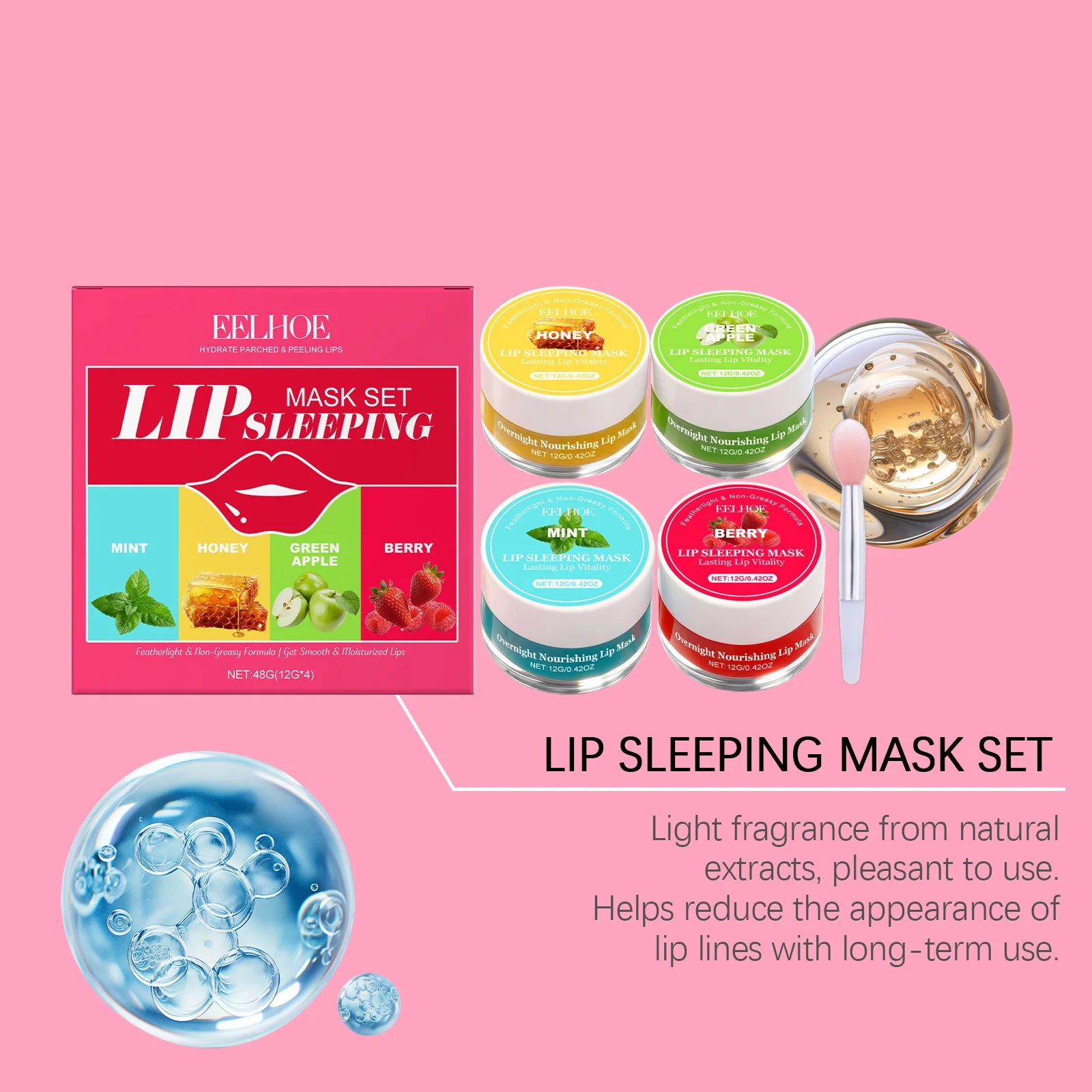 4 Flavor Lip Sleeping Mask Set Overnight Moisturizing Lip Care Exfoliating Remove Lip Lines Restore Soft Smooth Lip for Daily