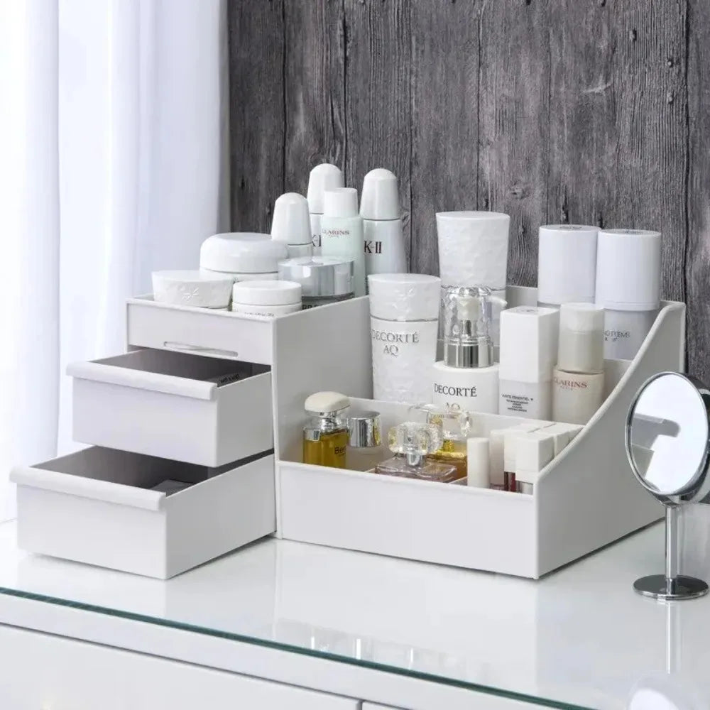 White Drawer Makeup Organizer Box, Plastic Cosmetic Storage for Vanity, Desk, Dorm, Skincare & Dressing Table