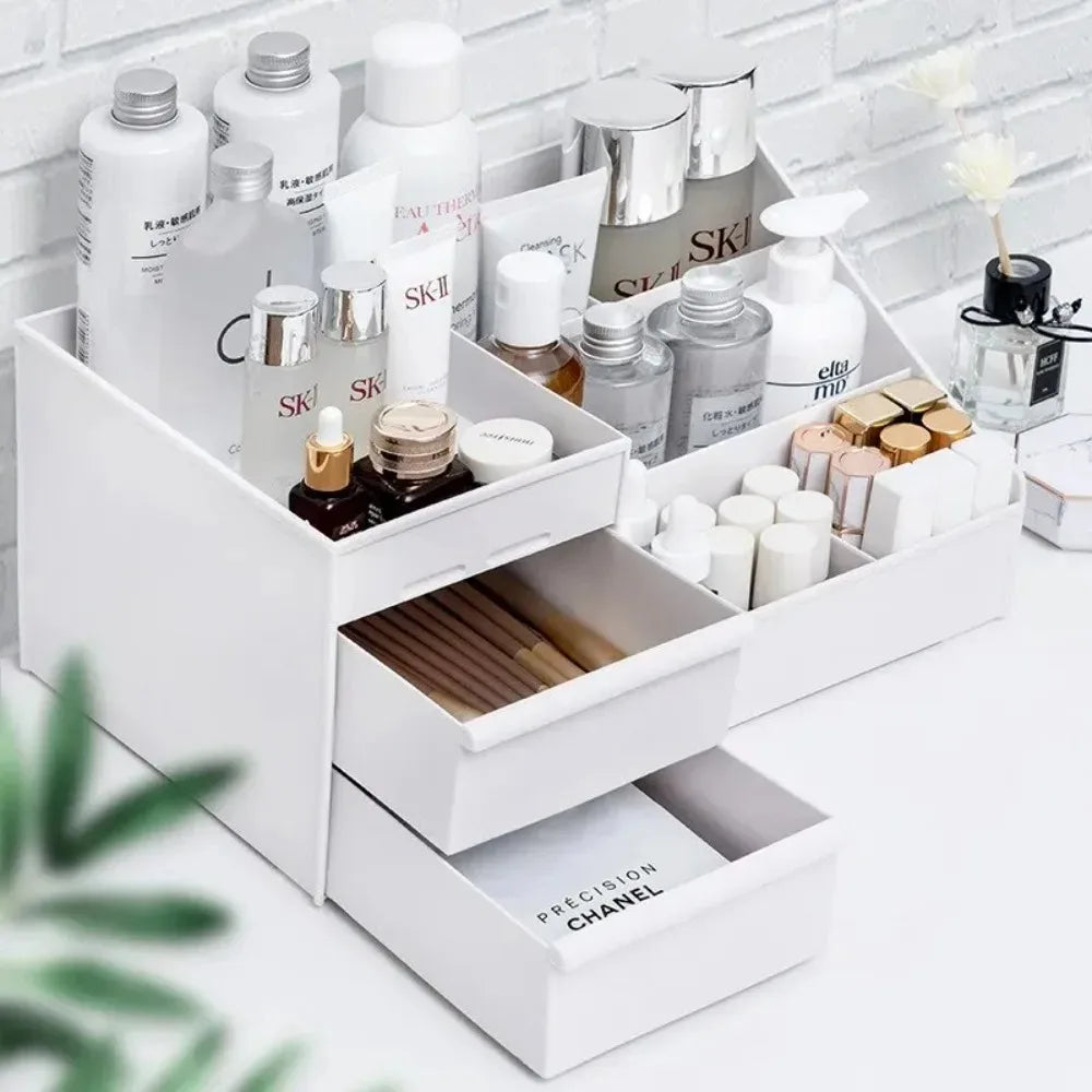 White Drawer Makeup Organizer Box, Plastic Cosmetic Storage for Vanity, Desk, Dorm, Skincare & Dressing Table