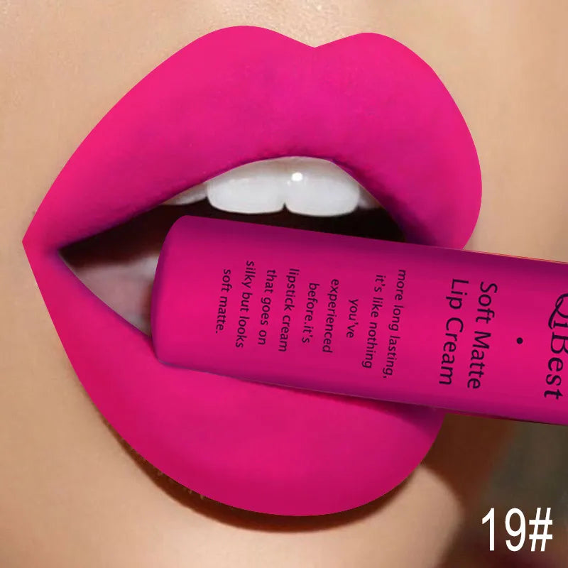 QIBEST Matte Liquid Lipstick Sexy Red Black Nude Lipgloss Waterproof Long Lasting Velvet Lip Gloss Makeup Lip Stain Tint 34Color