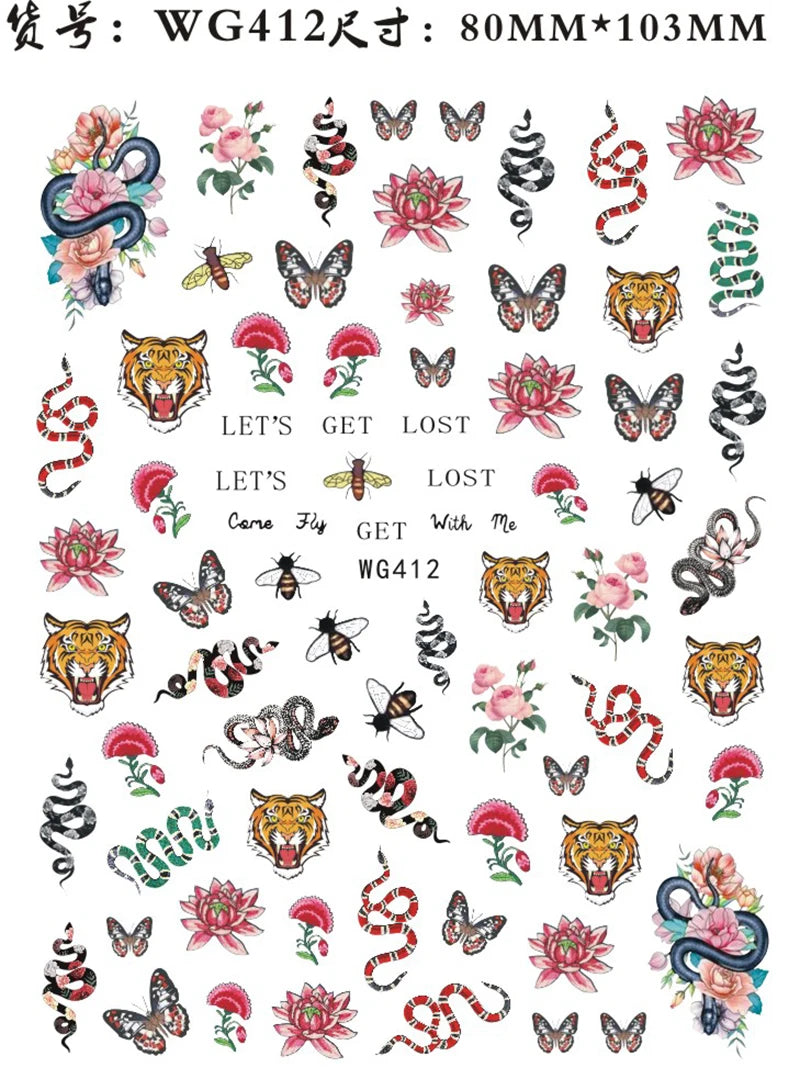 Nail Sticker Snake  Dragon Butterfly Black Multicolor Decals Nail Art Tattoo Slider Water Transfer Letter Nails Art Decoration