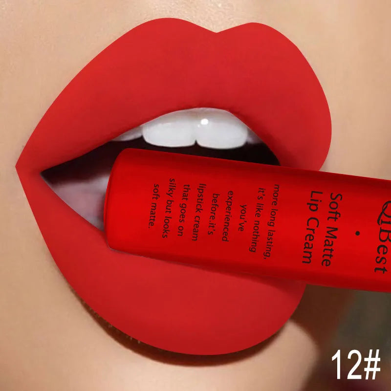 QIBEST Matte Liquid Lipstick Sexy Red Black Nude Lipgloss Waterproof Long Lasting Velvet Lip Gloss Makeup Lip Stain Tint 34Color