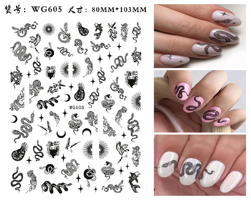 Nail Sticker Snake  Dragon Butterfly Black Multicolor Decals Nail Art Tattoo Slider Water Transfer Letter Nails Art Decoration