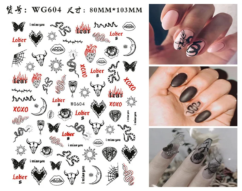 Nail Sticker Snake  Dragon Butterfly Black Multicolor Decals Nail Art Tattoo Slider Water Transfer Letter Nails Art Decoration