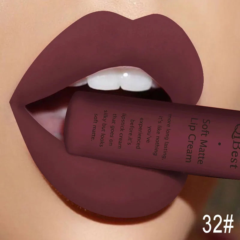 QIBEST Matte Liquid Lipstick Sexy Red Black Nude Lipgloss Waterproof Long Lasting Velvet Lip Gloss Makeup Lip Stain Tint 34Color