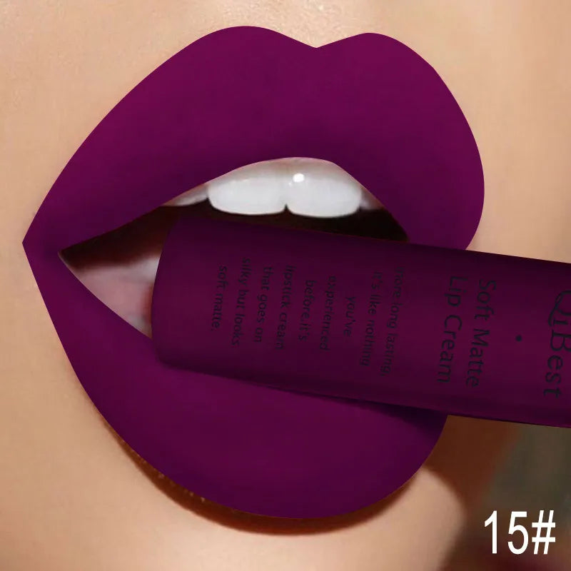 QIBEST Matte Liquid Lipstick Sexy Red Black Nude Lipgloss Waterproof Long Lasting Velvet Lip Gloss Makeup Lip Stain Tint 34Color
