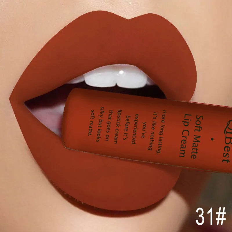 QIBEST Matte Liquid Lipstick Sexy Red Black Nude Lipgloss Waterproof Long Lasting Velvet Lip Gloss Makeup Lip Stain Tint 34Color