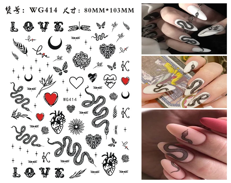 Nail Sticker Snake  Dragon Butterfly Black Multicolor Decals Nail Art Tattoo Slider Water Transfer Letter Nails Art Decoration