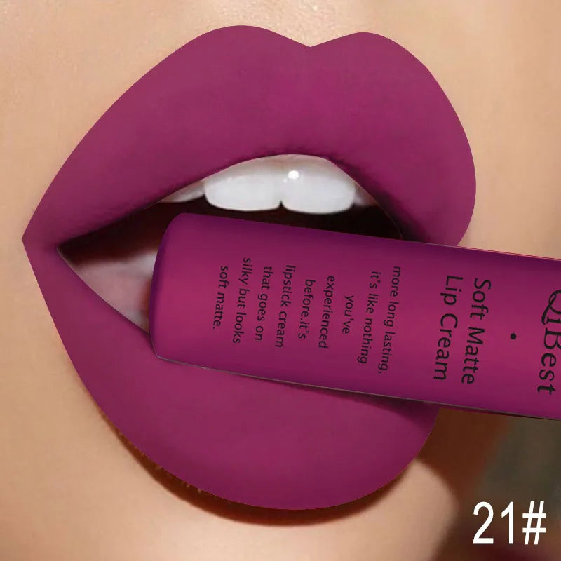 QIBEST Matte Liquid Lipstick Sexy Red Black Nude Lipgloss Waterproof Long Lasting Velvet Lip Gloss Makeup Lip Stain Tint 34Color