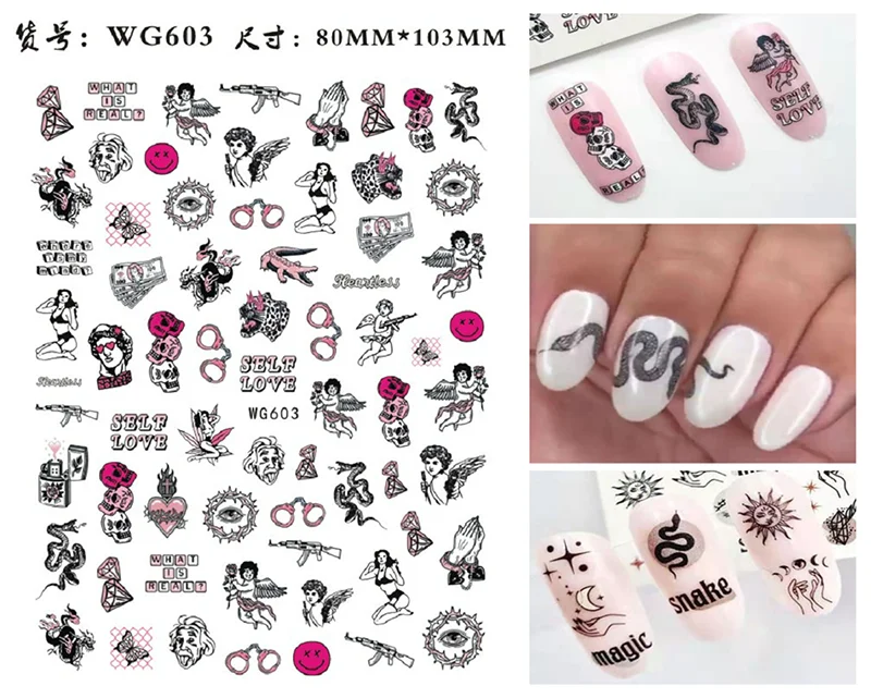 Nail Sticker Snake  Dragon Butterfly Black Multicolor Decals Nail Art Tattoo Slider Water Transfer Letter Nails Art Decoration