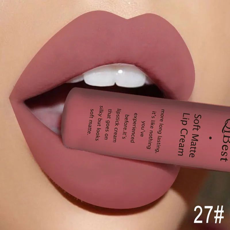 QIBEST Matte Liquid Lipstick Sexy Red Black Nude Lipgloss Waterproof Long Lasting Velvet Lip Gloss Makeup Lip Stain Tint 34Color