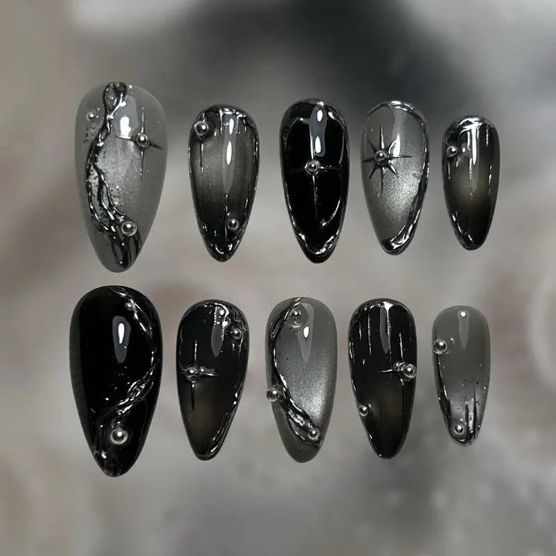 24Pcs 3D Strawberry Rabbit Flower Fake Nails Press on Mid-length Almond Wearable False Nails Green Gradient Pearl Manicure Tips