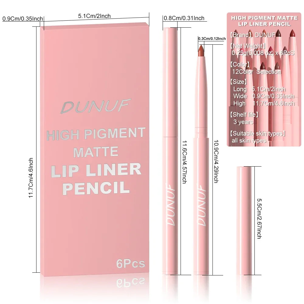 6pcs Matte Lip Liner Set Nude Brown Smooth Rose Red Pigmented Long Lasting Rotatable Lipstick Pencil Kit for Smooth Finish