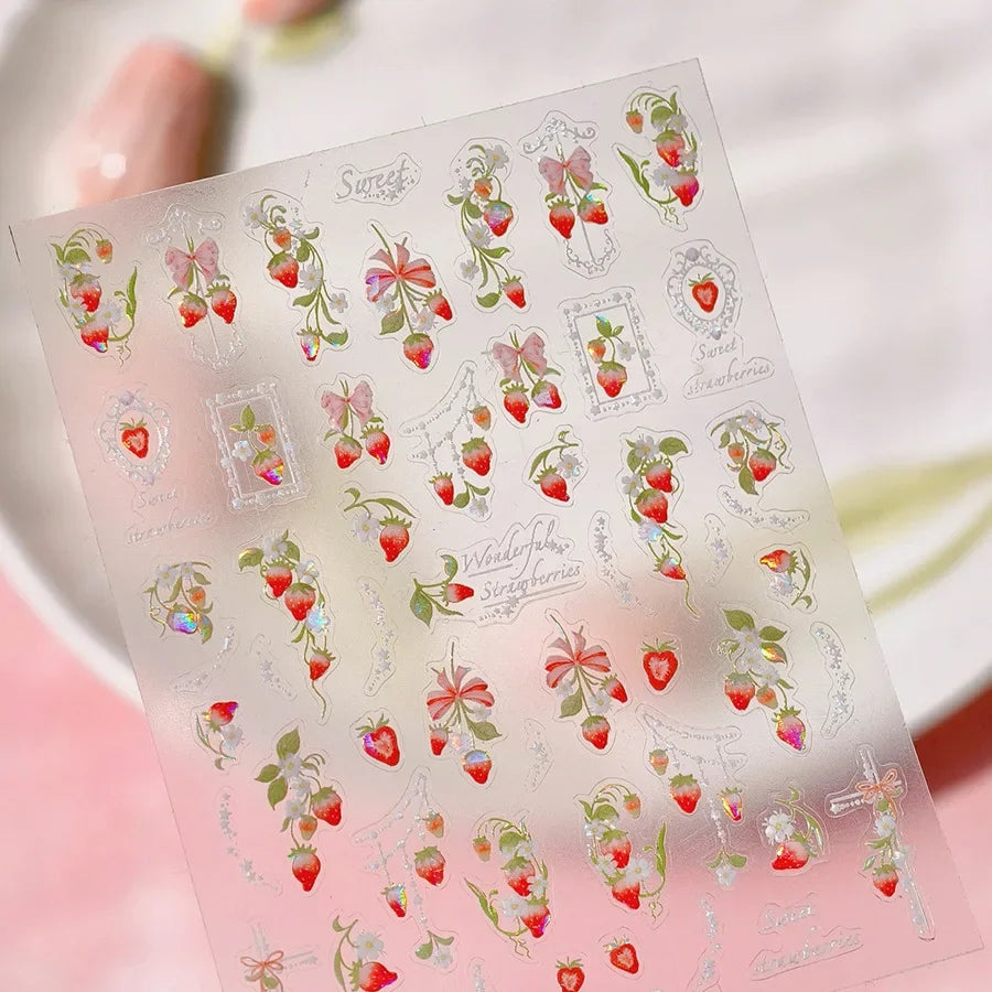 Cute Juicy Red Cherry Bowknot 5D Nail Art Stickers Lovely Shiny Crystal Rhinestone Self Adhesive Decoration Manicure Decal DIY