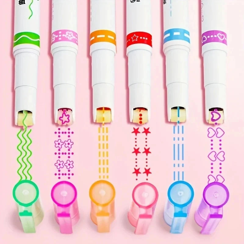 6pcs/set Highlighter Pen Line Shaped Color Roller Tip Curve Liner Art Contour Marker Highlighter Journal School Stationery Suppl