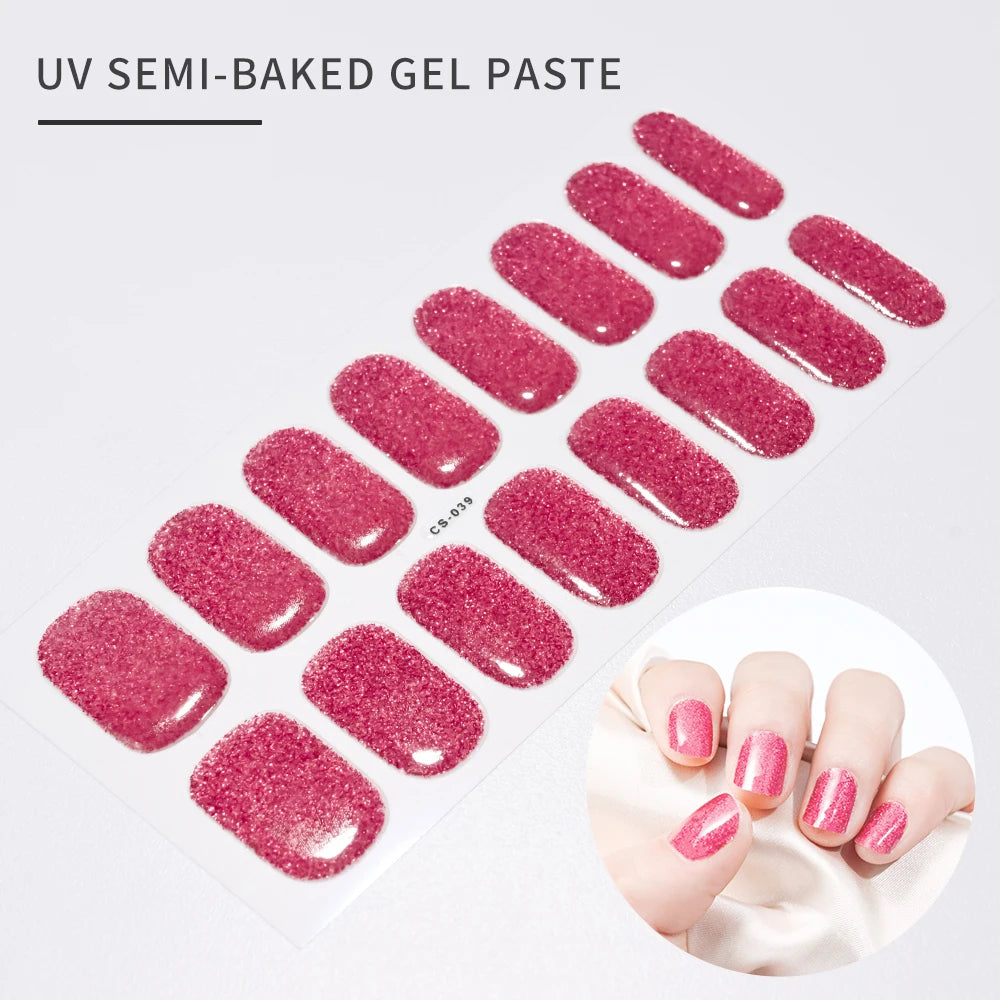 16Tips Glitter Semi-Cured Gel UV Sticker 3D French Gradient Shiny Glitter Powder UV Gel Sticker Full Cover UV Lamp Glitter Decal