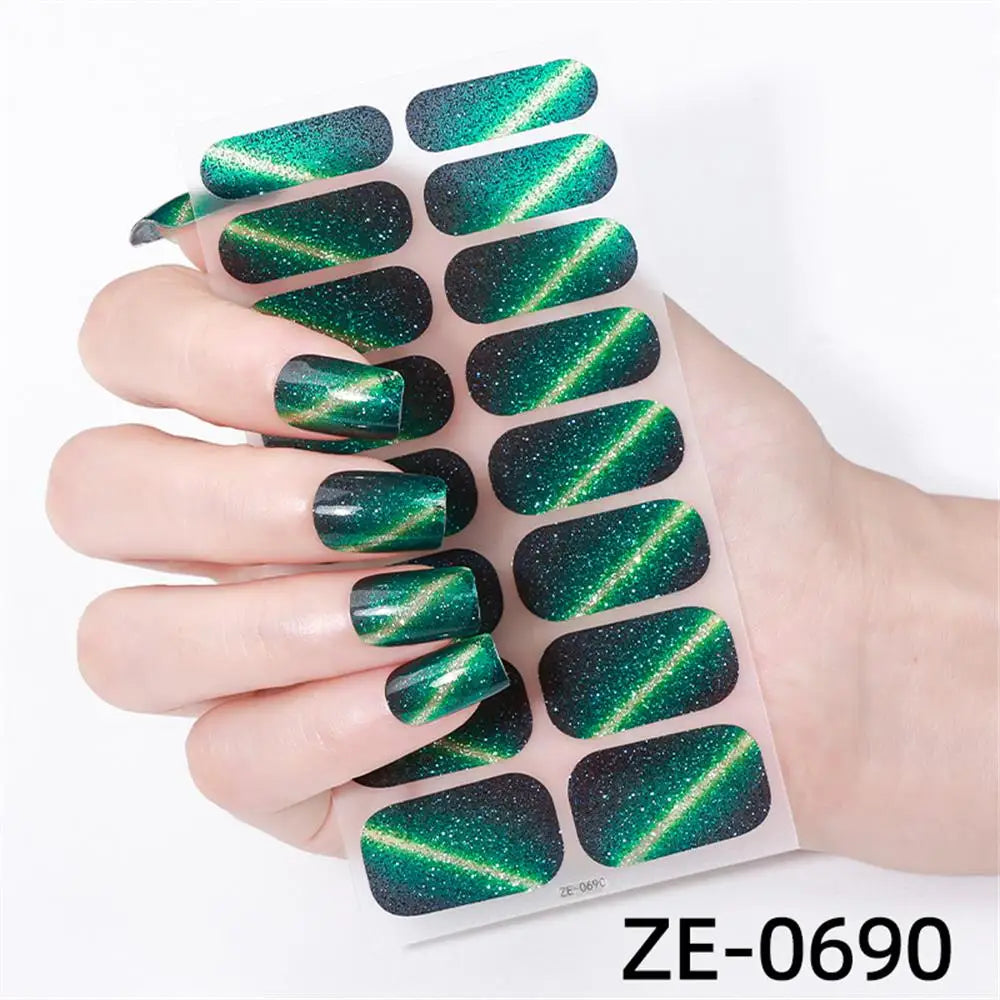 Gradient Cat Eye Style Nail Art Stickers, 16-Piece Set Self-Adhesive Waterproof Glitter False Nail Decals