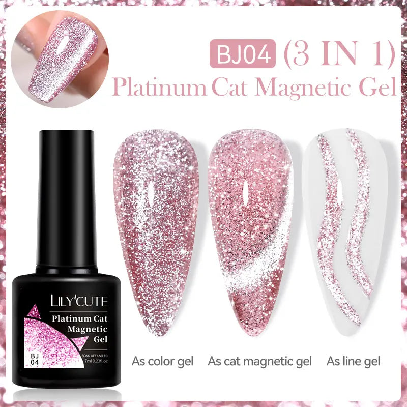 LILYCUTE 7ML 3 IN 1 Platinum Cat Magnetic Gel Nail Polish Silver Moonlight Magnetic Nail Sparkling Glitter Semi Permanent UV Gel