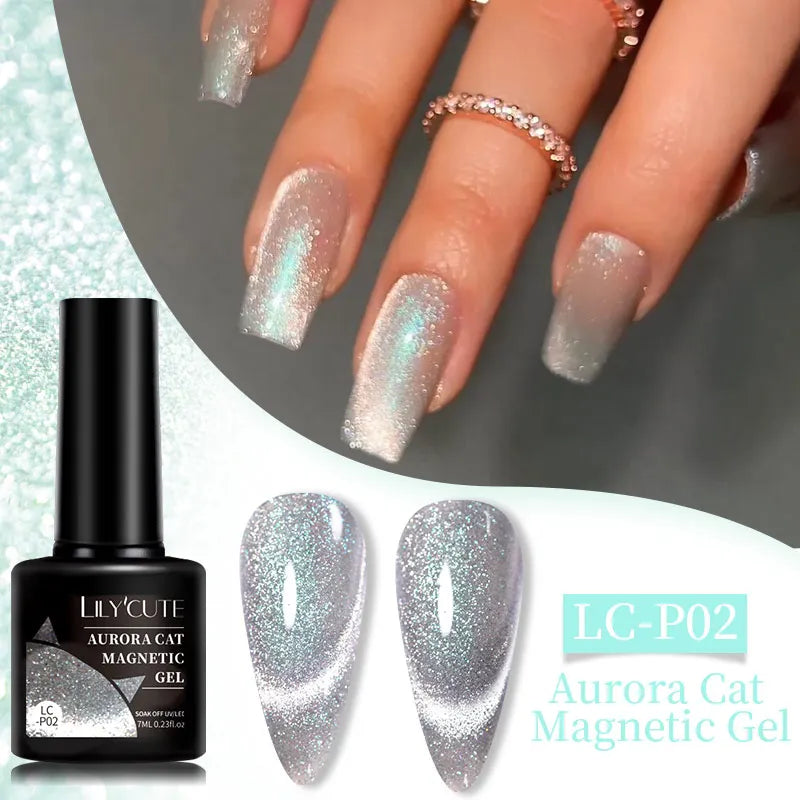 LILYCUTE 7ML 3 IN 1 Platinum Cat Magnetic Gel Nail Polish Silver Moonlight Magnetic Nail Sparkling Glitter Semi Permanent UV Gel