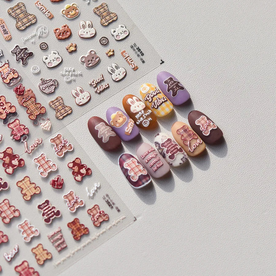 1pcs 5D Japanese Kawaii Bear Nail Art Stickers Brown Cartoon Animals Self-Adhesive Nail Decoration Decals DIY Slider Accessories