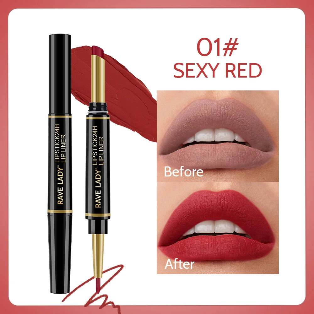 Rave Lady 2 IN 1 Matte Lipstick Lipliner Pencil 6 Color Christmas Gift Waterproof Lipstick Sexy Red Long Lasting Lipliner Makeup