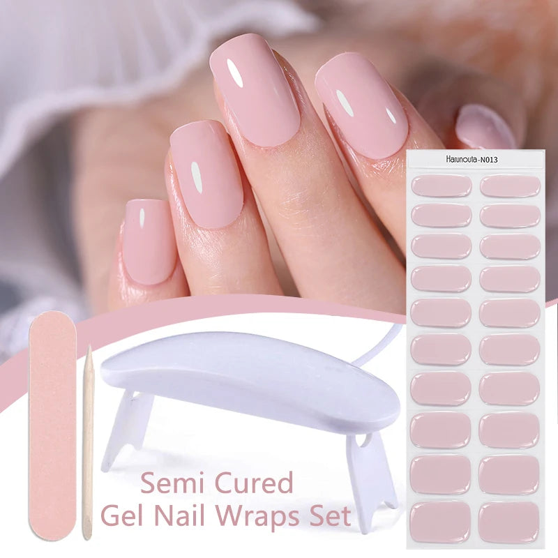 Harunouta 4pcs/set Gradient Jelly Semi Cured Gel Nail Strips with Nail Lamp Nude Pink Waterproof Nail Stickers Long Lasting Wrap