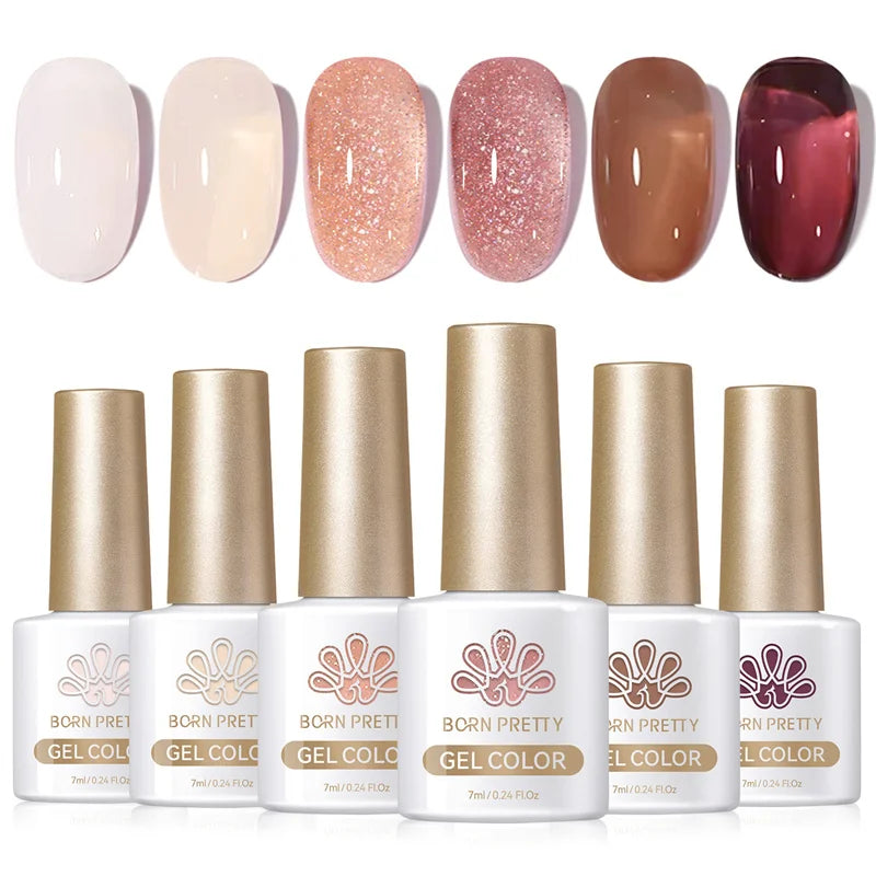 BORN PRETTY 6pcs Crystal Amber Gel Nail Polish Set Jelly Pink Nude Winter Semi Permanent Soak Off UV LED Varnish Manicure Kits