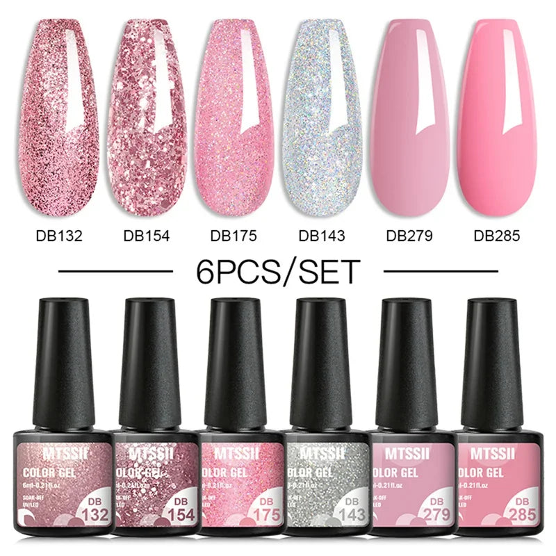 MTSSII 6PCS/Set Sparkly Red Roes Red Gel Nail Polish Shinning Nail Art LED UV Gel Varnish Nail Supplies Manicure Kit for Nails