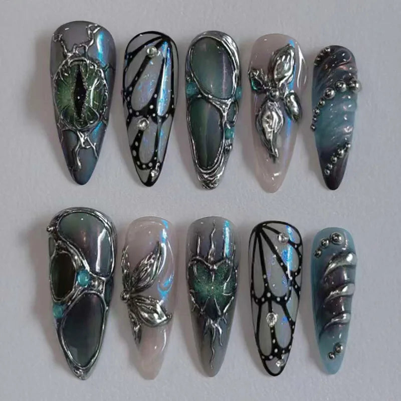 24Pcs 3D Strawberry Rabbit Flower Fake Nails Press on Mid-length Almond Wearable False Nails Green Gradient Pearl Manicure Tips