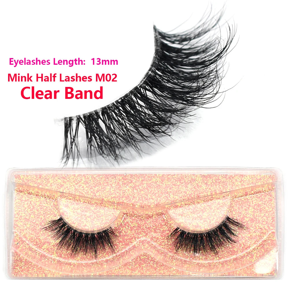 3D Mink Fluffy Half False Eyelashes Natural Soft Lightweight Clear Band Half Eye Strip Lashes Reusable Short Eyelashes Extension