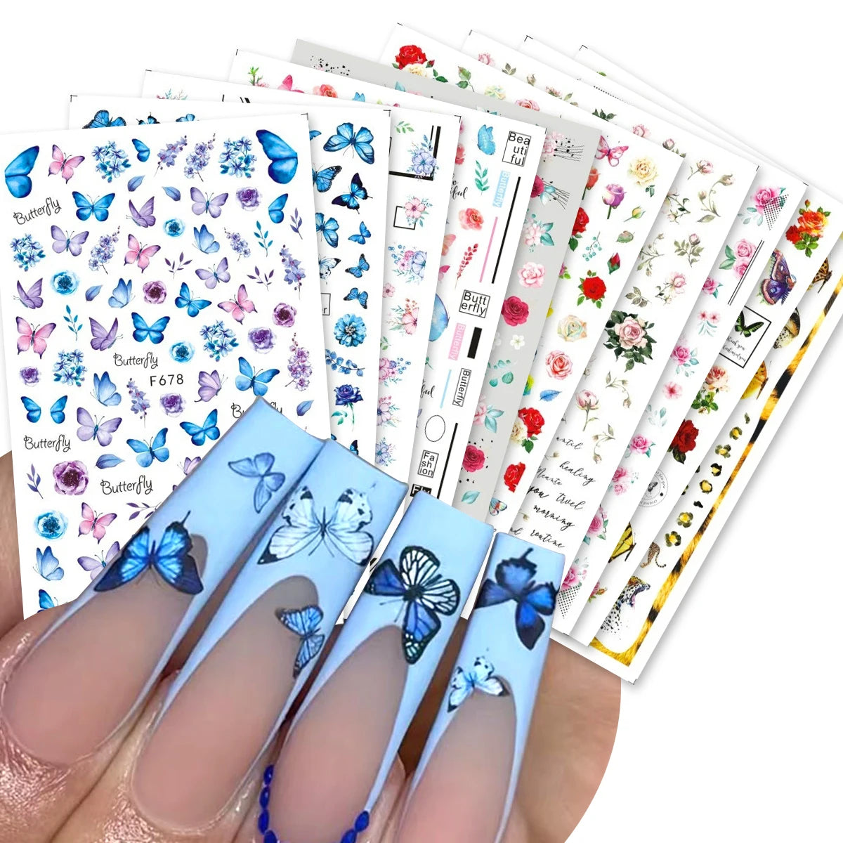 Elegant Butterfly Nail Manicure Stickers Blue Butterflies Leopard Retro Flowers Adhesive Decal Wedding Charm Manicure Tips