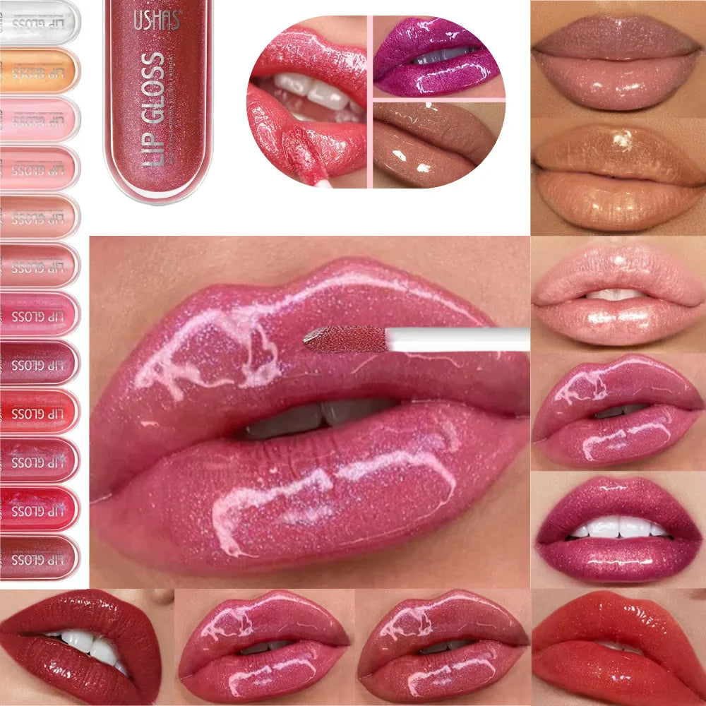 USHAS 12 colors mirror fine flash liquid lipstick pearlescent color waterproof sweatproof non-stick cup lip gloss