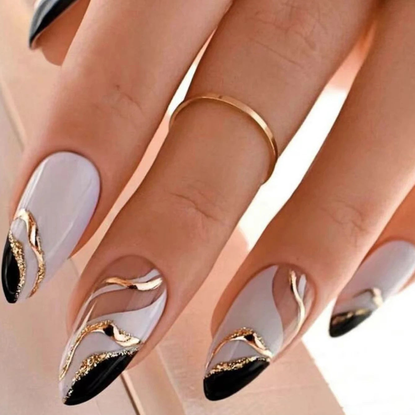 ARTAUG 24PCS Medium Stiletto Pink Black French Tip Press On Nails Star Pattern Glitter Press On Nails