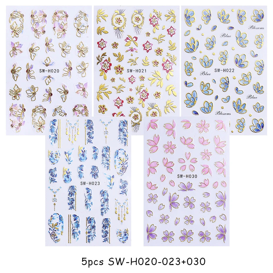 5pcs Metallic Gold Line Flower Nail Stickers 3D Bronzing Border Petals Sakura Leaf Nail Decals Slider DIY Elegant Manicure Decor