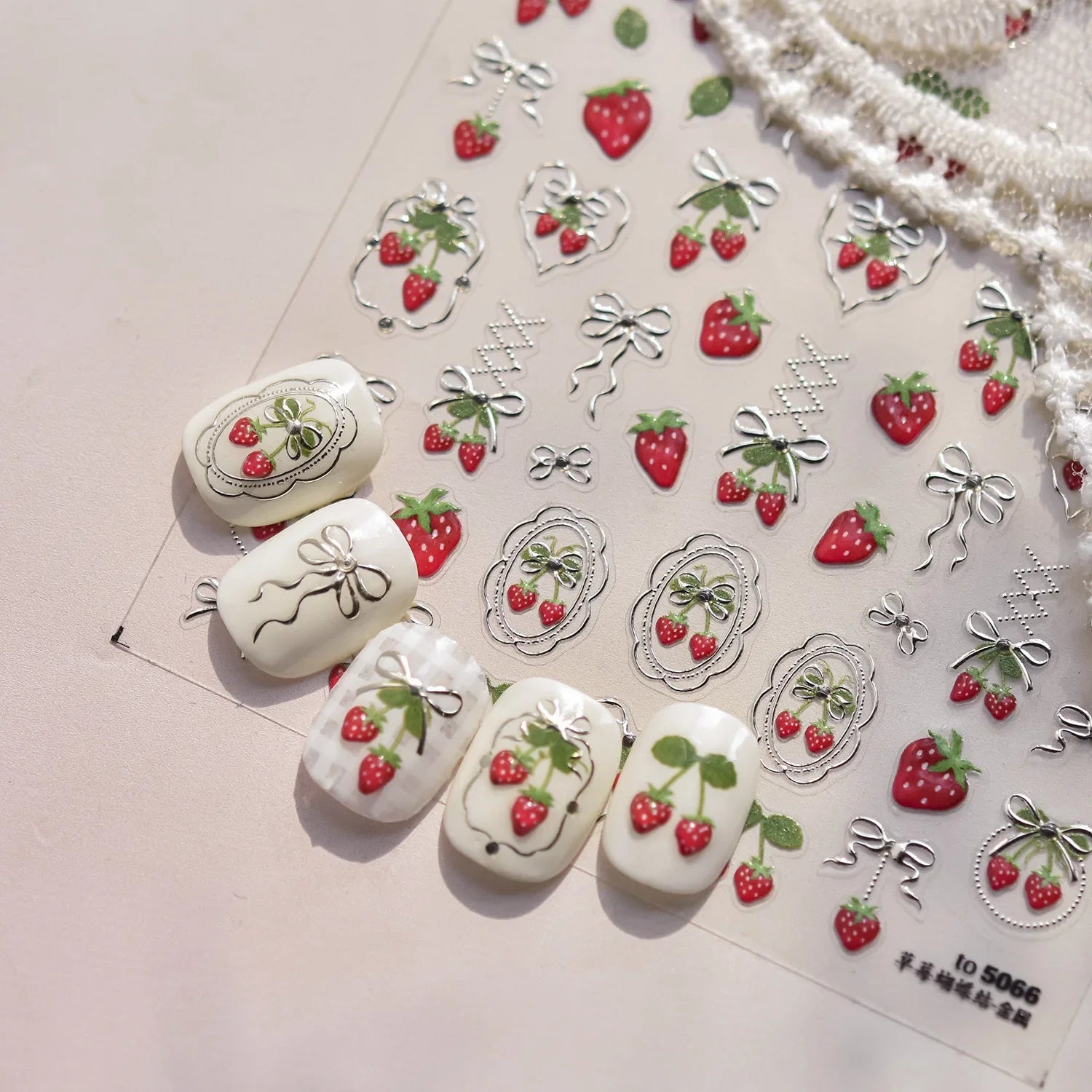 Cute Juicy Red Cherry Bowknot 5D Nail Art Stickers Lovely Shiny Crystal Rhinestone Self Adhesive Decoration Manicure Decal DIY