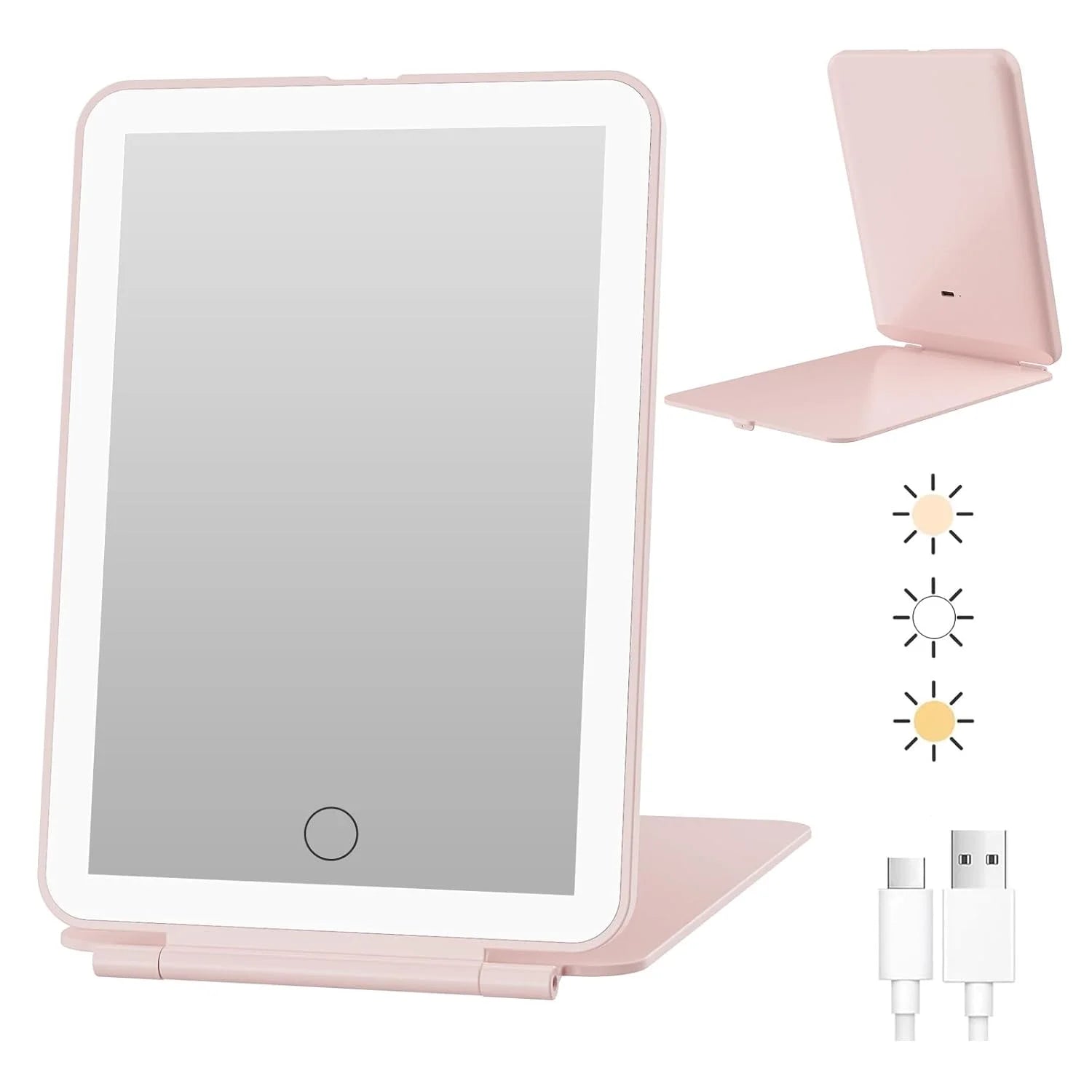 LED Folding Travel Makeup Mirror 3 Colors Light Modes USB Rechargeable Touch Screen Portable Tabletop Cosmetic Mirror
