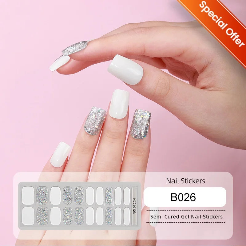 20Tips Gradient French Semi-cured Gel Nail Sticker UV Lamp Needed Full Cover Nail Gel Polish Wraps Manicure Press on Nails Decal