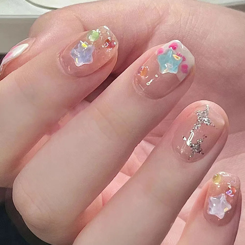 24Pcs Pink Cat Blue Love Cute Short Ballet Press on False Nails Sweet French Cat Eye Bow Star Designs Style Detachable Nails Set