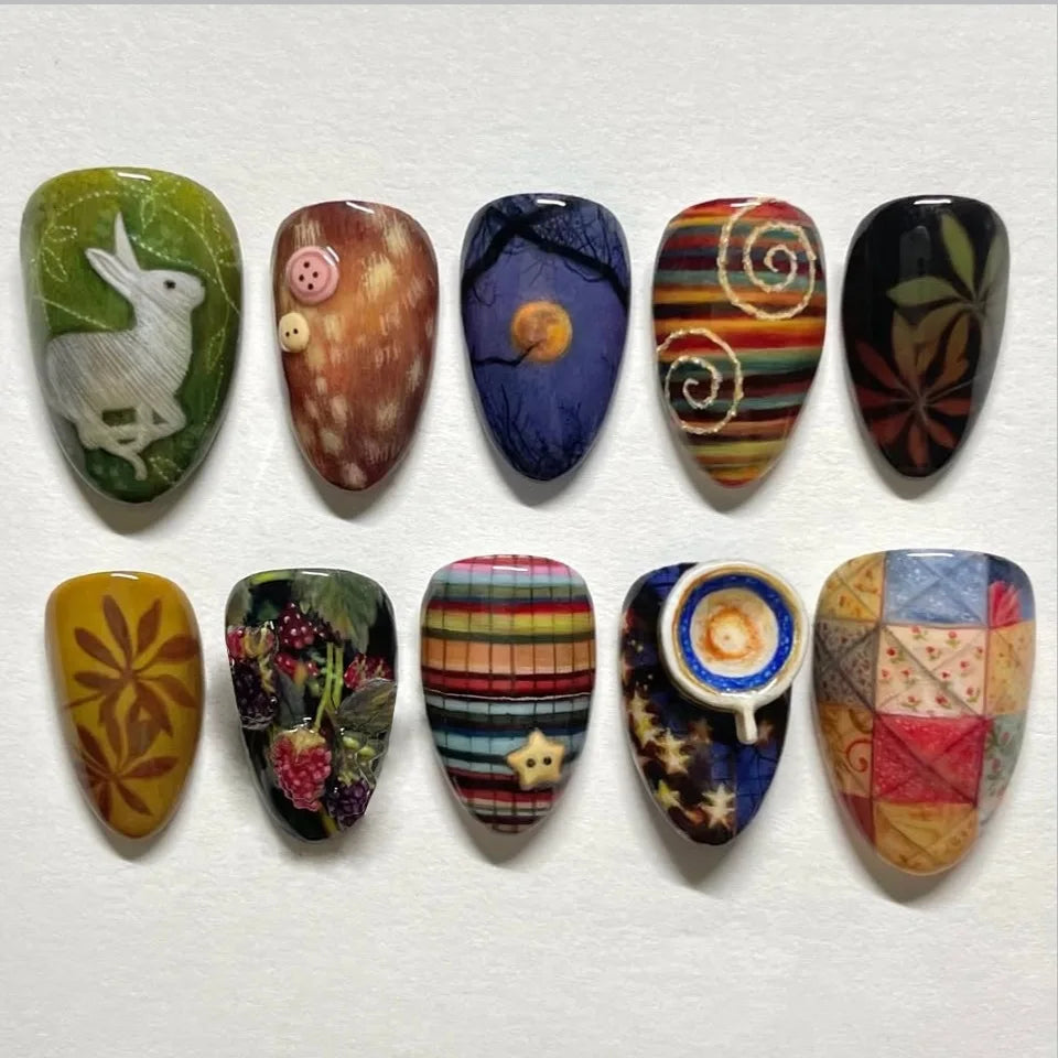 24pcs Flower Print Press on Nails Wine Red Blush Almond False Nail Tips Wearable Reusable Summer Spicy Girl Fake Nails