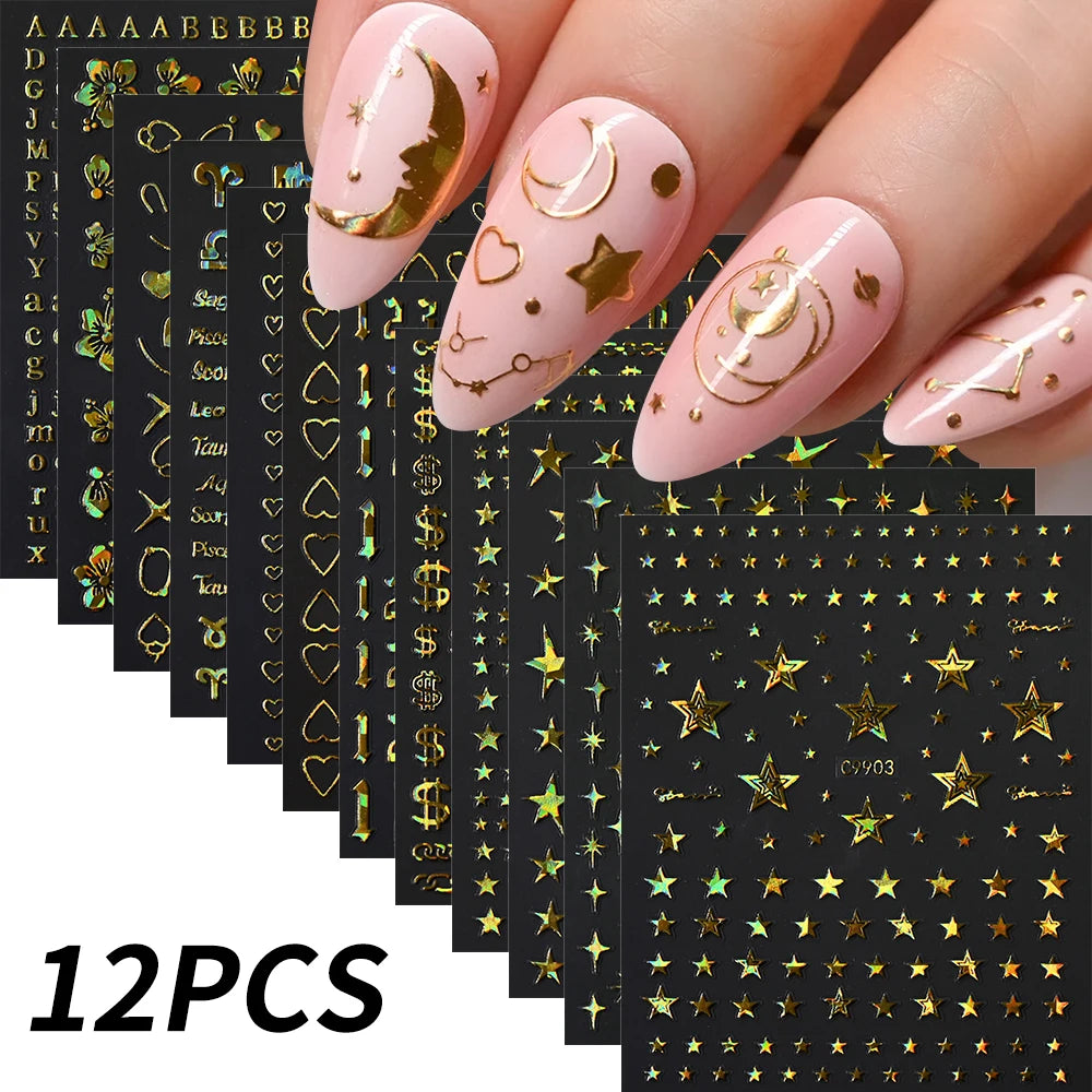 12pcs Bronzing Laser Star Nail Stickers 3D Alphabet/Heart/Flower Nail Art Self-Adhesive Sliders DIY Gradient Manicure Y2K Decals