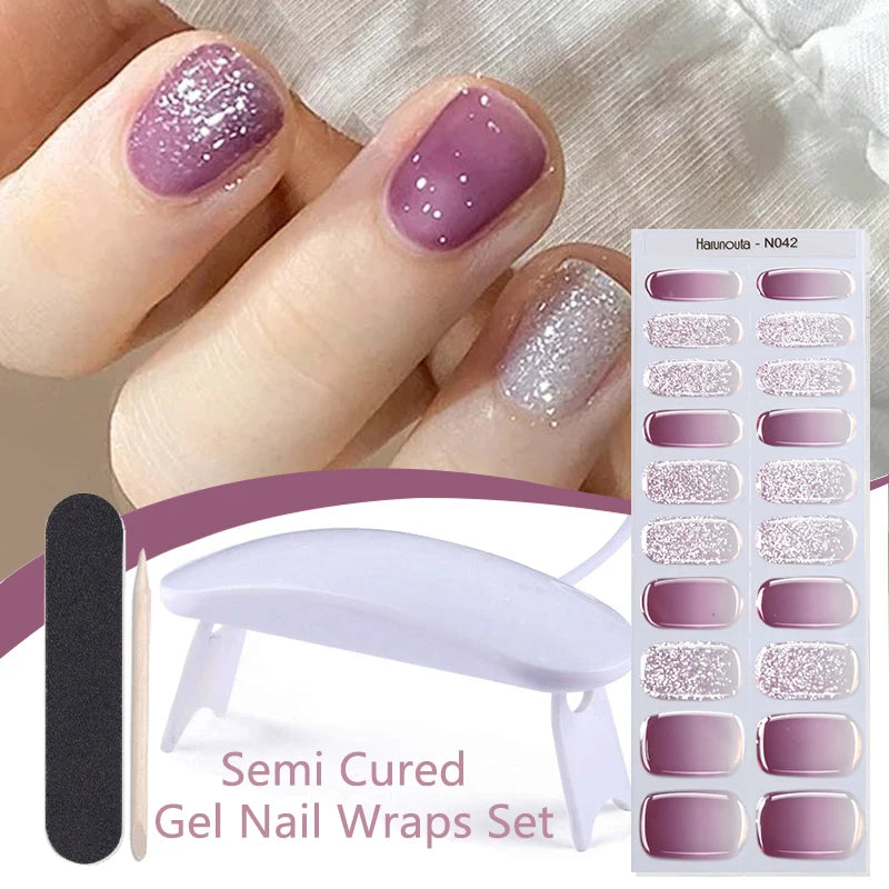 Harunouta 4pcs/set Gradient Jelly Semi Cured Gel Nail Strips with Nail Lamp Nude Pink Waterproof Nail Stickers Long Lasting Wrap