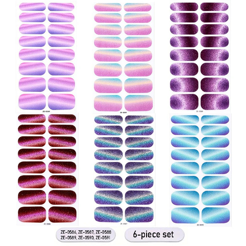 Gradient Cat Eye Style Nail Art Stickers, 16-Piece Set Self-Adhesive Waterproof Glitter False Nail Decals