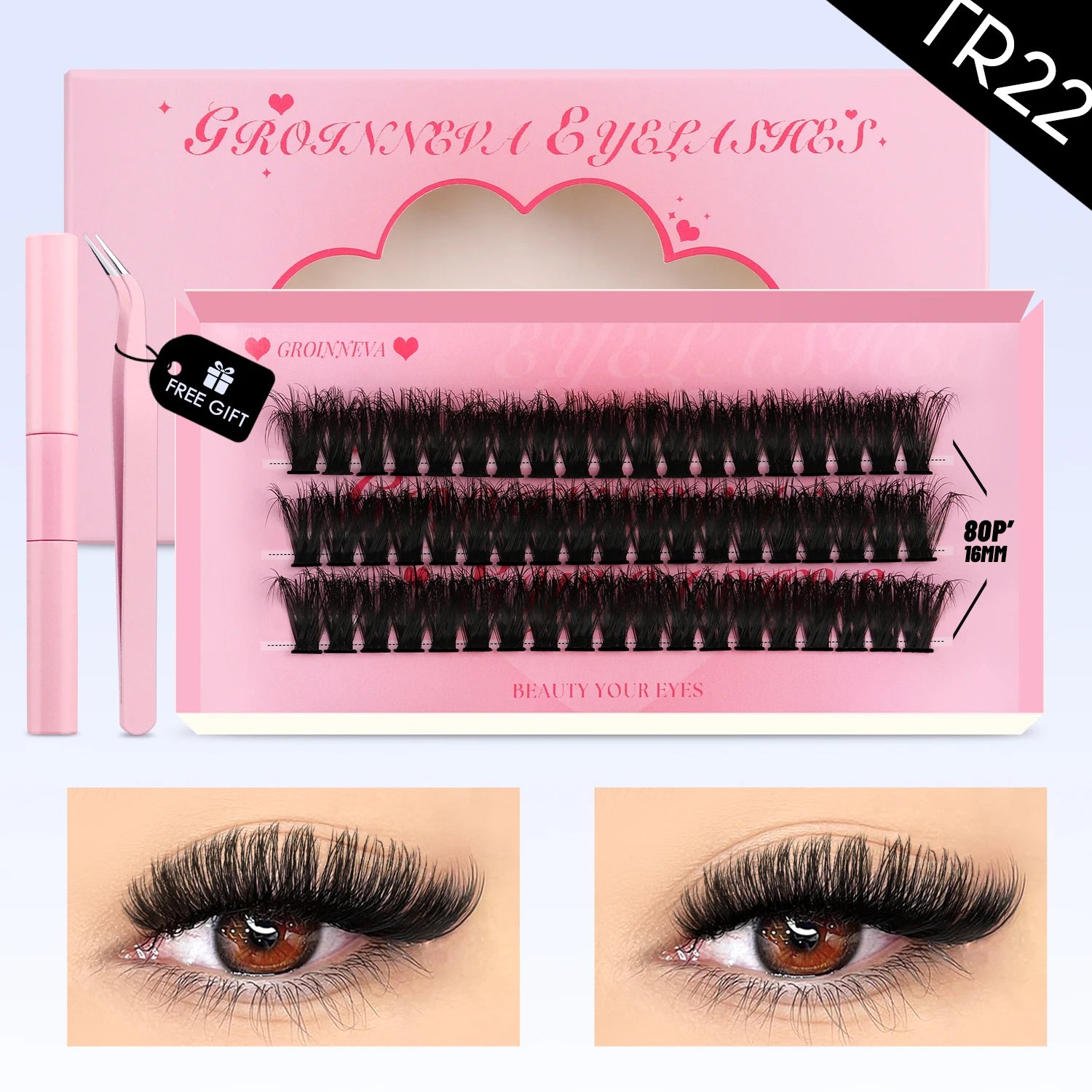 GROINNEYA DIY Eyelash Extension Kit Lashes Clusters Set Mix Eyelashes Full Set With Lash Bond&Seal and Eyelash Tweezers Makeup
