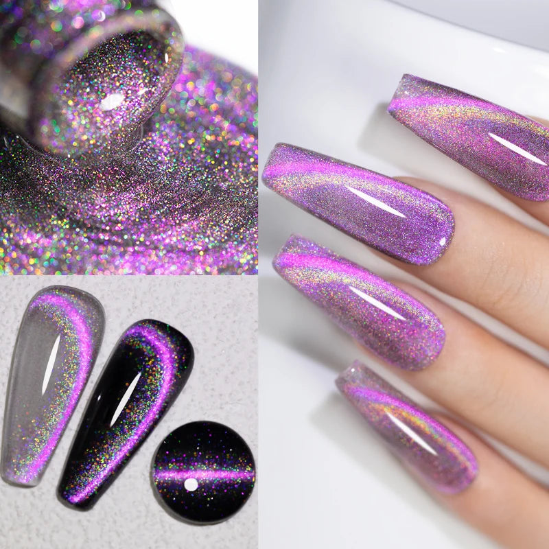 7.5ML Sparkling Rainbow Cat Magnetic Gel Nail Polish Pinkish Purple Laser Cat Eye Gel Soak Off UV Nail Art Varnish For Manicure