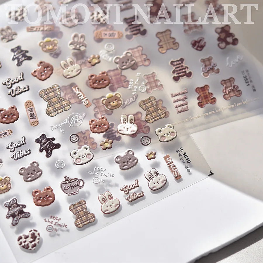 1pcs 5D Japanese Kawaii Bear Nail Art Stickers Brown Cartoon Animals Self-Adhesive Nail Decoration Decals DIY Slider Accessories