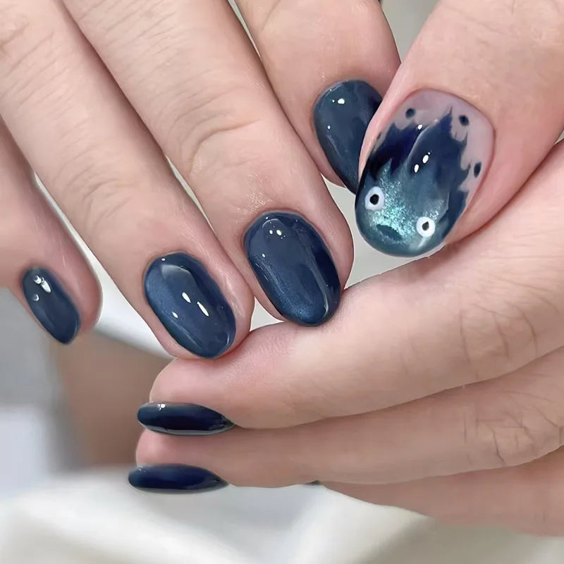 24Pcs Pink Cat Blue Love Cute Short Ballet Press on False Nails Sweet French Cat Eye Bow Star Designs Style Detachable Nails Set
