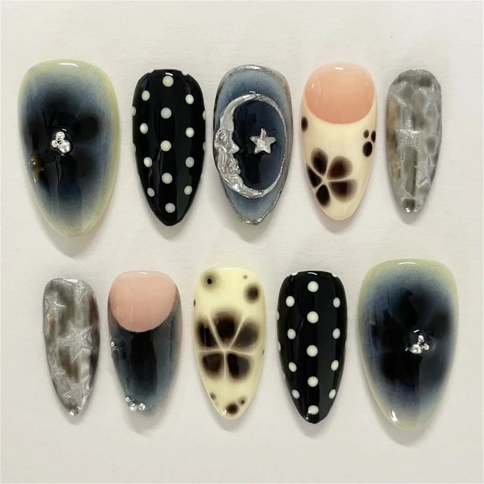 24pcs Flower Print Press on Nails Wine Red Blush Almond False Nail Tips Wearable Reusable Summer Spicy Girl Fake Nails
