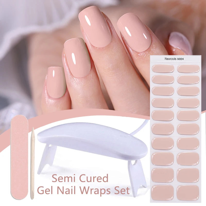 Harunouta 4pcs/set Gradient Jelly Semi Cured Gel Nail Strips with Nail Lamp Nude Pink Waterproof Nail Stickers Long Lasting Wrap