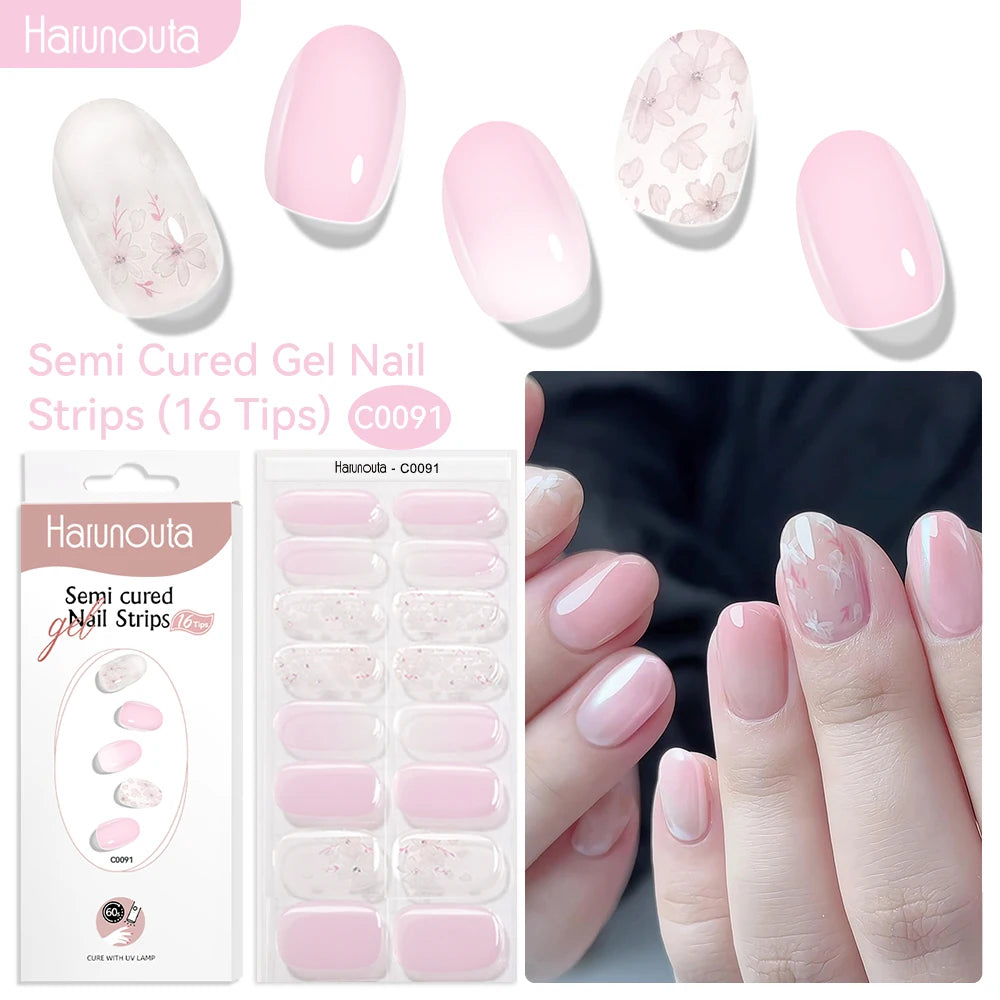 Harunouta 16strips Gradient Red Marble Gold Line Semi Cured Gel Nail Strips DIY Gel Polish Stickers for Nails Work with UV/LED