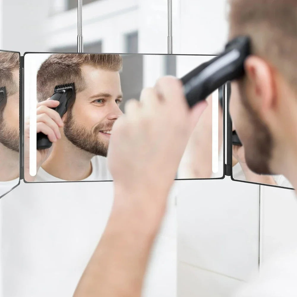 3 Way LED Makeup Mirror for Self Hair Cutting Rechargeable 360° DIY Self Haircut Mirror with Lights and Height Adjustable Hooks